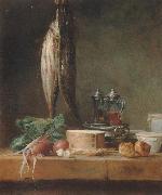 Jean Baptiste Simeon Chardin Style life with fish, Grunzeug, Gougeres shot el as well as oil and vinegar pennant on a table France oil painting artist